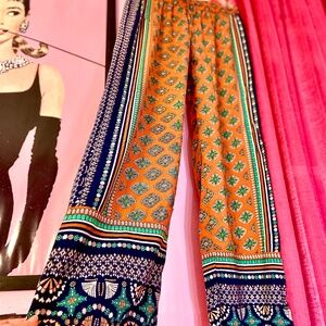 Vintage Kenar Palazzo Pants Wide Leg Orange Indian Boho Women’s Extra Small